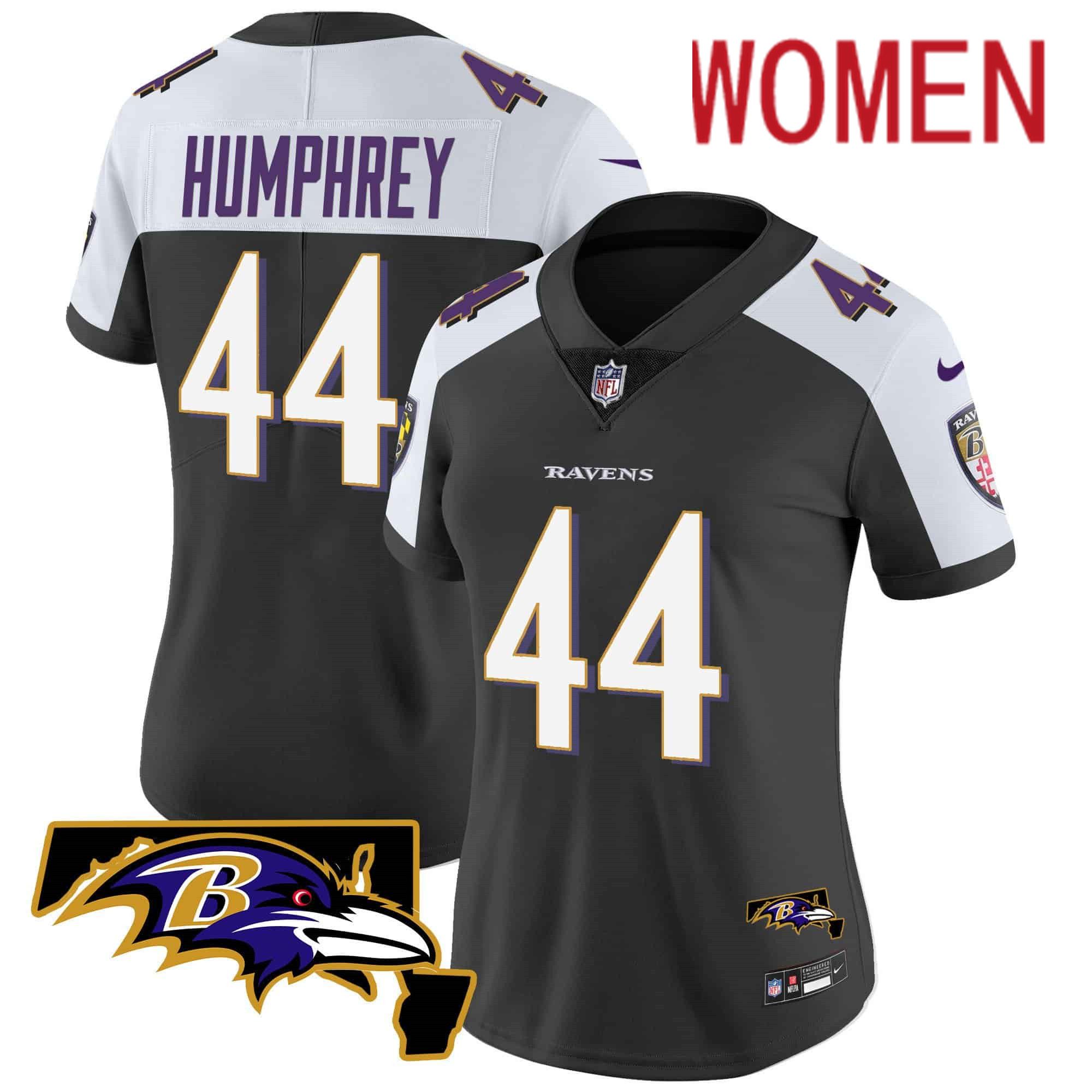 Women Baltimore Ravens #44 Humphrey Black 2024 Nike Maryland Patch Vapor Limited NFL Jersey